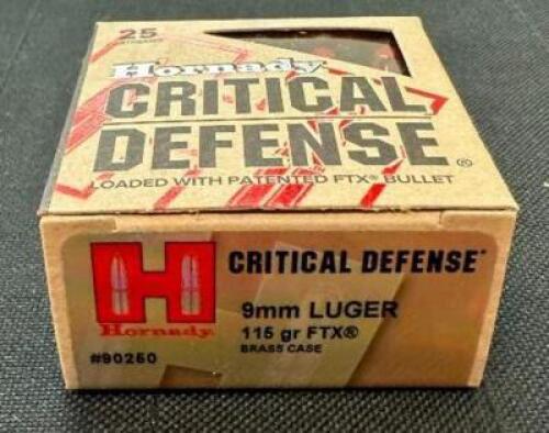 DESCRIPTION (7) 25CT BOXES OF 9mm LUGER AMMO BRAND / MODEL: HORNADY CRITICAL DEFENSE ADDITIONAL INFORMATION 115 GRAIN SIZE $34.99 EACH LOCATION AMMO W