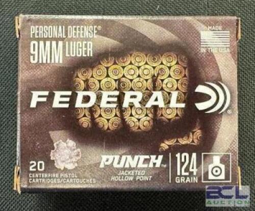 DESCRIPTION (8) 20CT BOXES OF 9mm LUGER AMMO BRAND / MODEL: FEDERAL ADDITIONAL INFORMATION 124 GRAIN SIZE $22.99 EACH LOCATION AMMO WALL QTY 8