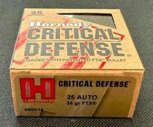 DESCRIPTION (2) 25CT BOXES OF 25 ACP AMMO BRAND / MODEL: HORNADY CRITICAL DEFENSE ADDITIONAL INFORMATION 35 GRAIN SIZE $33.99 EACH LOCATION AMMO WALL