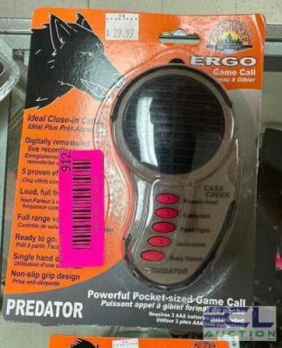 DESCRIPTION (3) ERGO PREDATOR ELECTRONIC GAME CALL. ADDITIONAL INFORMATION RETAILS EACH FOR $29.99 THIS LOT IS: SOLD BY THE PIECE LOCATION KNIFE COUNT