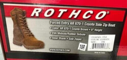 DESCRIPTION ROTHCO FORCED ENTRY AR-670-1 COYOTE SIDE ZIP BOOT - BROWN SIZE 10R ADDITIONAL INFORMATION RETAILS FOR $63 LOCATION SOUTH WALL QTY 1