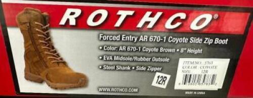 DESCRIPTION ROTHCO FORCED ENTRY AR-670-1 COYOTE SIDE ZIP BOOT - BROWN SIZE 12R ADDITIONAL INFORMATION RETAILS FOR $63 LOCATION SOUTH WALL QTY 1