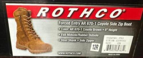 DESCRIPTION ROTHCO FORCED ENTRY AR-670-1 COYOTE SIDE ZIP BOOT - BROWN SIZE 12R ADDITIONAL INFORMATION RETAILS FOR $63 LOCATION SOUTH WALL QTY 1