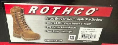 DESCRIPTION ROTHCO FORCED ENTRY AR-670-1 COYOTE SIDE ZIP BOOT - BROWN SIZE 12R ADDITIONAL INFORMATION RETAILS FOR $63 LOCATION SOUTH WALL QTY 1