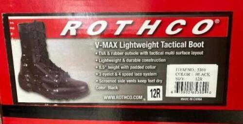 DESCRIPTION ROTHCO V-MAX LIGHTWEIGHT TACTICAL BOOT, BLACK SIZE 12R ADDITIONAL INFORMATION RETAILS FOR $63 LOCATION SOUTH WALL QTY 1