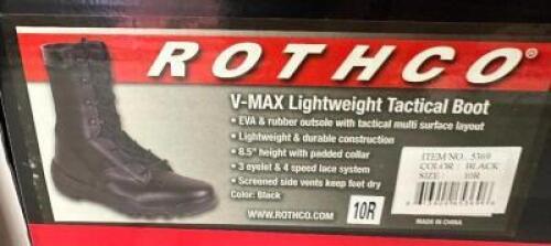 DESCRIPTION ROTHCO V-MAX LIGHTWEIGHT TACTICAL BOOT, BLACK SIZE 10R ADDITIONAL INFORMATION RETAILS FOR $63 LOCATION SOUTH WALL QTY 1