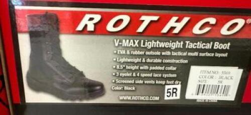 DESCRIPTION ROTHCO V-MAX LIGHTWEIGHT TACTICAL BOOT, BLACK SIZE 5R ADDITIONAL INFORMATION RETAILS FOR $63 LOCATION SOUTH WALL QTY 1