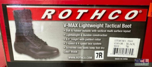 DESCRIPTION ROTHCO V-MAX LIGHTWEIGHT TACTICAL BOOT, BLACK SIZE 7R ADDITIONAL INFORMATION RETAILS FOR $63 LOCATION SOUTH WALL QTY 1
