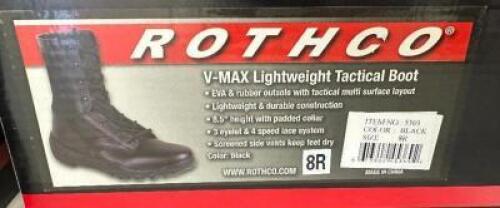 DESCRIPTION ROTHCO V-MAX LIGHTWEIGHT TACTICAL BOOT, BLACK SIZE 8R ADDITIONAL INFORMATION RETAILS FOR $63 LOCATION SOUTH WALL QTY 1