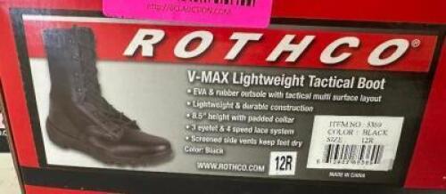 DESCRIPTION ROTHCO V-MAX LIGHTWEIGHT TACTICAL BOOT, BLACK SIZE 12R ADDITIONAL INFORMATION RETAILS FOR $63 LOCATION SOUTH WALL QTY 1