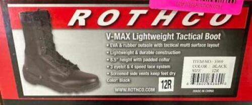 DESCRIPTION ROTHCO V-MAX LIGHTWEIGHT TACTICAL BOOT, BLACK SIZE 12R ADDITIONAL INFORMATION RETAILS FOR $63 LOCATION SOUTH WALL QTY 1