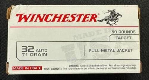 DESCRIPTION (4) 50CT BOXES OF 32 AUTO AMMO BRAND / MODEL: WINCHESTER ADDITIONAL INFORMATION 71 GRAIN SIZE $48.99 EACH LOCATION AMMO WALL QTY 4