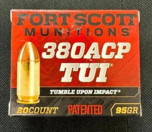 DESCRIPTION (6) 20CT BOXES OF 380 ACP AMMO BRAND / MODEL: FORT SCOTT TUI ADDITIONAL INFORMATION 95 GRAIN SIZE $27.99 EACH LOCATION AMMO WALL QTY 6