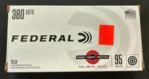 DESCRIPTION (9) 50CT BOXES OF 380 AUTO AMMO BRAND / MODEL: FEDERAL ADDITIONAL INFORMATION 95 GRAIN SIZE $19.99 EACH LOCATION AMMO WALL QTY 9