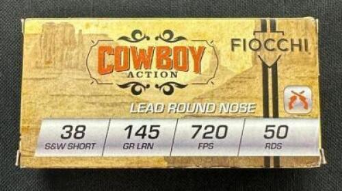DESCRIPTION (3) 50CT BOXES OF 38 S&W SHORT AMMO BRAND / MODEL: FIOCCHI ADDITIONAL INFORMATION 145 GRAIN SIZE $61.99 EACH LOCATION AMMO WALL QTY 3