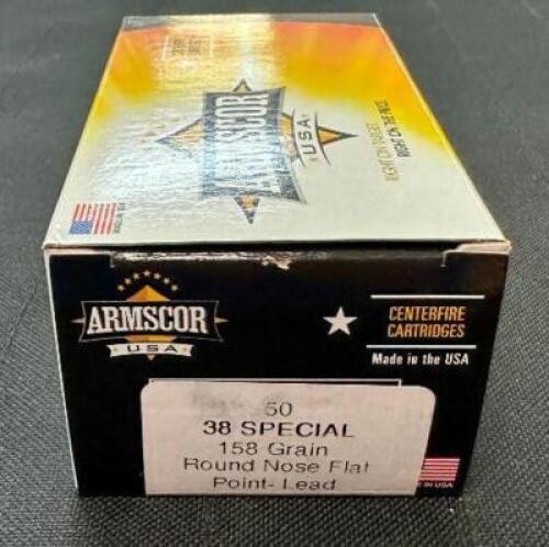 DESCRIPTION (6) 50CT BOXES OF 38 SPECIAL AMMO BRAND / MODEL: ARMSCOR ADDITIONAL INFORMATION 158 GRAIN SIZE $27.99 EACH LOCATION AMMO WALL QTY 6