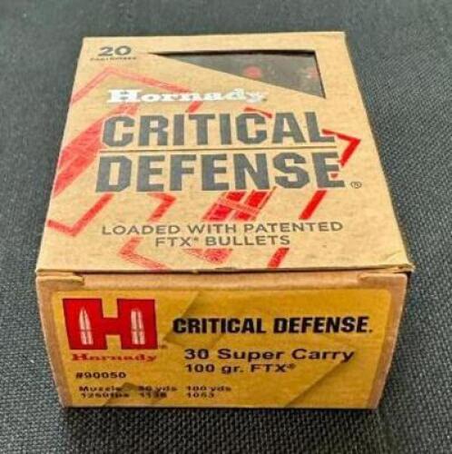 DESCRIPTION (5) 20CT BOXES OF 30 SUPER CARRY AMMO BRAND / MODEL: HORNADY CRITICAL DEFENSE ADDITIONAL INFORMATION 100 GRAIN SIZE $31.99 EACH LOCATION A