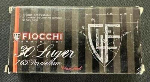 DESCRIPTION (6) 50CT BOXES OF 30 LUGER AMMO BRAND / MODEL: FIOCCHI ADDITIONAL INFORMATION 93 GRAIN SIZE $44.99 EACH LOCATION AMMO WALL QTY 6