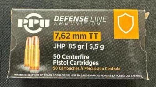 DESCRIPTION (5) 50CT BOXES OF 7.62mm TT AMMO BRAND / MODEL: PPU JHP ADDITIONAL INFORMATION 85 GRAIN SIZE $31.99 EACH LOCATION AMMO WALL QTY 5