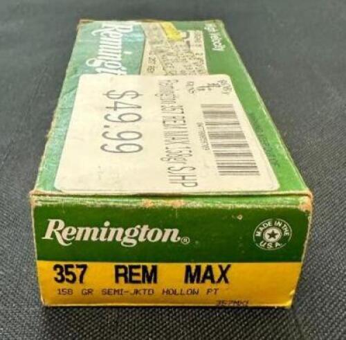 DESCRIPTION (1) 20CT BOX OF 357 REMINGTON MAX AMMO BRAND / MODEL: REMINGTON SJHP ADDITIONAL INFORMATION 158 GRAIN SIZE 49.99 LOCATION AMMO WALL QTY 1