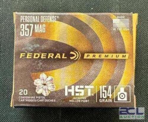 DESCRIPTION (5) 20CT BOXES OF 357 MAGNUM AMMO BRAND / MODEL: FEDERAL ADDITIONAL INFORMATION 154 GRAIN SIZE $44.99 EACH LOCATION AMMO WALL QTY 5