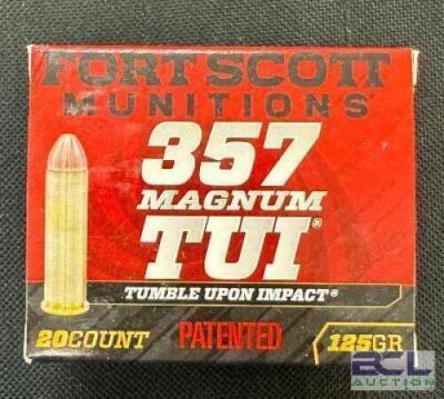 DESCRIPTION (3) 20CT BOXES OF 357 MAGNUM AMMO BRAND / MODEL: FORT SCOTT TUI ADDITIONAL INFORMATION 125 GRAIN SIZE $32.99 EACH LOCATION AMMO WALL QTY 3