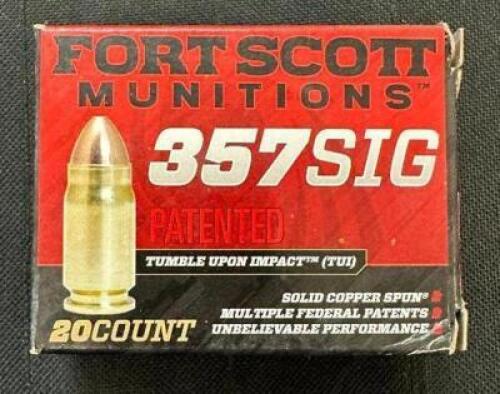 DESCRIPTION (9) 20CT BOXES OF 357 SIG AMMO BRAND / MODEL: FORT SCOTT TUI ADDITIONAL INFORMATION 95 GRAIN SIZE $32.99 EACH LOCATION AMMO WALL QTY 9