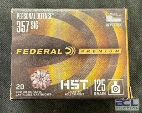 DESCRIPTION (3) 20CT BOXES OF 357 SIG AMMO BRAND / MODEL: FEDERAL ADDITIONAL INFORMATION 125 GRAIN SIZE $43.99 EACH LOCATION AMMO WALL QTY 3