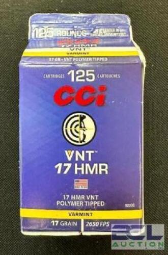 DESCRIPTION (3) 125CT BOXES OF 17 HMR AMMO BRAND / MODEL: CCI ADDITIONAL INFORMATION 17 GRAIN SIZE $49.99 EACH LOCATION AMMO WALL QTY 3