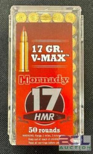 DESCRIPTION (6) 50CT BOXES OF 17 HMR AMO BRAND / MODEL: HORNADY ADDITIONAL INFORMATION 17 GRAIN SIZE $23.99 EACH LOCATION AMMO WALL QTY 6