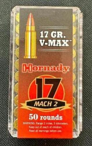 DESCRIPTION (10) 50CT BOXES OF 17 MACH 2 AMMO BRAND / MODEL: HORNADY ADDITIONAL INFORMATION 17 GRAIN SIZE $11.99 EACH LOCATION AMMO WALL QTY 10