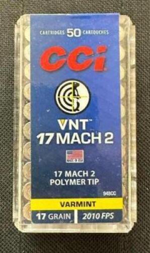 DESCRIPTION (10) 50CT BOXES OF 17 MACH 2 AMMO BRAND / MODEL: CCI ADDITIONAL INFORMATION 17 GRAIN SIZE $10.99 EACH LOCATION AMMO WALL QTY 10