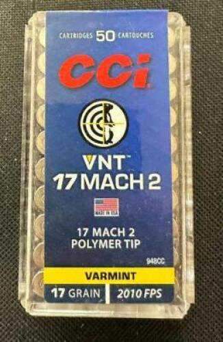 DESCRIPTION (11) 50CT BOXES OF 17 MACH 2 AMMO BRAND / MODEL: CCI ADDITIONAL INFORMATION 17 GRAIN SIZE $10.99 EACH LOCATION AMMO WALL QTY 11