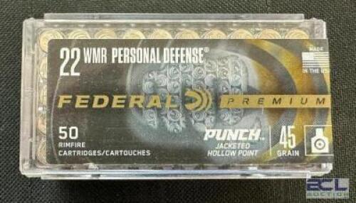 DESCRIPTION (2) 50CT BOXES OF 22 WMR AMMO BRAND / MODEL: FEDERAL ADDITIONAL INFORMATION 45 GRAIN SIZE $26.99 EACH LOCATION AMMO WALL QTY 2