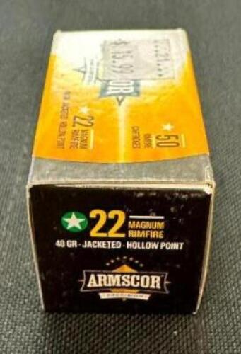 DESCRIPTION (10) 50CT BOXES OF 22 MRF AMMO BRAND / MODEL: ARMSCOR ADDITIONAL INFORMATION 40 GRAIN SIZE $15.99 EACH LOCATION AMMO WALL QTY 10