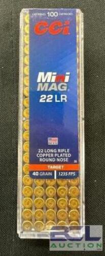 DESCRIPTION (5) 100CT BOXES OF 22LR AMMO BRAND / MODEL: CCI ADDITIONAL INFORMATION 40 GRAIN SIZE $11.99 EACH LOCATION AMMO WALL QTY 5