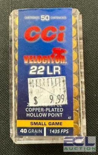 DESCRIPTION (1) 50CT BOX OF 22LR AMMO BRAND / MODEL: CCI ADDITIONAL INFORMATION 40 GRAIN SIZE 9.99 LOCATION AMMO WALL QTY 1