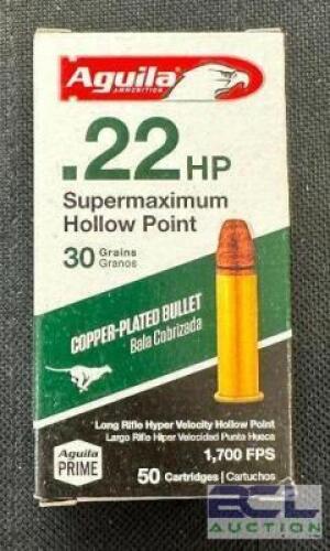 DESCRIPTION (9) 50CT BOXES OF 22LR AMMO BRAND / MODEL: AGUILA ADDITIONAL INFORMATION 30 GRAIN SIZE $8.99 EACH LOCATION AMMO WALL QTY 9