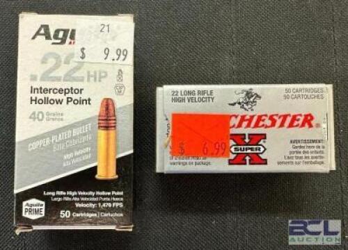 DESCRIPTION (2) 50CT BOXES OF 22LR AMMO BRAND / MODEL: AGUILA & WINCHESTER ADDITIONAL INFORMATION 40 GRAIN SIZE $9.99 EACH LOCATION AMMO WALL QTY 2