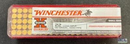 DESCRIPTION (2) 100CT BOXES OF 22LR AMMO BRAND / MODEL: WINCHESTER SUPER X ADDITIONAL INFORMATION 40 GRAIN SIZE $13.99 EACH LOCATION AMMO WALL QTY 2