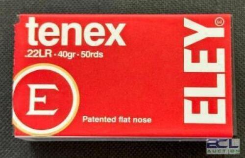 DESCRIPTION (9) 50CT BOXES OF 22LR AMMO BRAND / MODEL: ELEY TENEX ADDITIONAL INFORMATION 40 GRAIN SIZE $28.99 EACH LOCATION AMMO WALL QTY 9