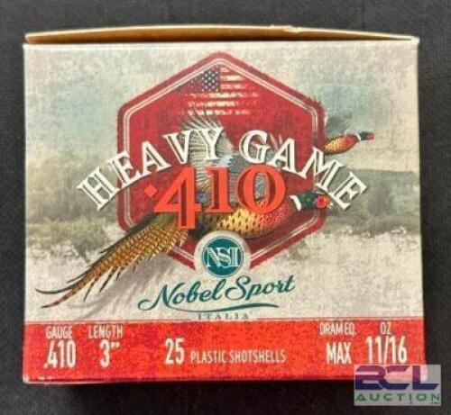 DESCRIPTION (5) 25CT BOXES OF 410 SHOTGUN SHELLS BRAND / MODEL: NOBEL SPORT ADDITIONAL INFORMATION 9 SHOT THIS LOT IS: 3" SIZE $18.99 EACH LOCATION AM
