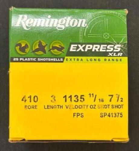 DESCRIPTION (6) 25CT BOXES OF 410 SHOTGUN SHELLS BRAND / MODEL: REMINGTON EXPRESS ADDITIONAL INFORMATION #7.5 THIS LOT IS: 3" SIZE $28.99 EACH LOCATIO