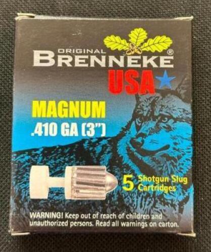DESCRIPTION (9) 5CT BOXES OF 410 SHOTGUN SLUG SHELLS BRAND / MODEL: BRENNEKE THIS LOT IS: 3" SIZE $10.99 EACH LOCATION AMMO WALL QTY 9