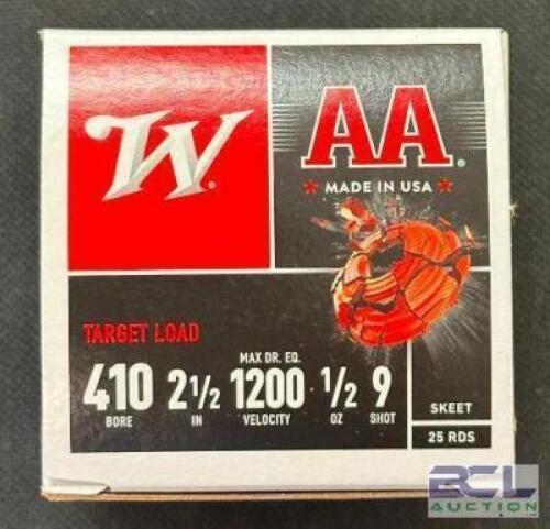 DESCRIPTION (10) 25T BOXES OF 410 SHOTGUN SHELLS BRAND / MODEL: WINCHESTER AA ADDITIONAL INFORMATION #9 THIS LOT IS: 2-1/2" SIZE $22.99 EACH LOCATION