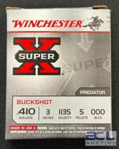 DESCRIPTION (10) 5CT BOXES OF 410 000 BUCK SHOTGUN SHELLS BRAND / MODEL: WINCHESTER BUCKSHOT THIS LOT IS: 3" SIZE $15.99 EACH LOCATION AMMO WALL QTY 1