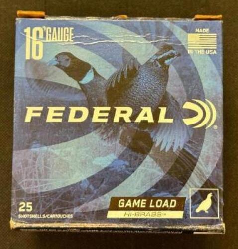 DESCRIPTION (1) 25CT BOX OF 16 GAUGE SHOTGUN SHELLS BRAND / MODEL: FEDERAL ADDITIONAL INFORMATION #4 THIS LOT IS: 2-3/4" SIZE 27.99 LOCATION AMMO WALL
