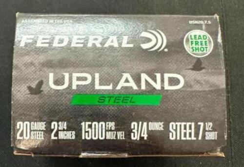 DESCRIPTION (6) 25CT BOXES OF 20 GAUGE SHOTGUN SHELLS BRAND / MODEL: FEDERAL ADDITIONAL INFORMATION #7.5 THIS LOT IS: 2-3/4" SIZE $6.99 EACH LOCATION