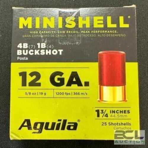 DESCRIPTION (6) 25CT BOXES OF 12 GAUGE SHOTGUN SHELLS BRAND / MODEL: AGUILA THIS LOT IS: 1-3/4" SIZE $28.99 EACH LOCATION AMMO WALL QTY 6