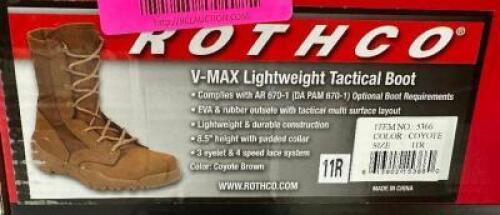 DESCRIPTION ROTHCO V-MAX LIGHTWEIGHT TACTICAL BOOT, BROWN SIZE 11R ADDITIONAL INFORMATION RETAILS FOR $63 LOCATION SOUTH WALL QTY 1
